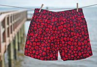 Mens "Live to Ride" Skulls (Black+Red) Swim Trunks (with mesh liner) - 4.5" Retro Shortie - Board Shorts World Outlet