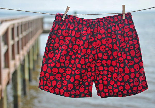 Mens "Live to Ride" Skulls (Black+Red) Swim Trunks (with mesh liner) - 4.5" Retro Shortie - Board Shorts World Outlet