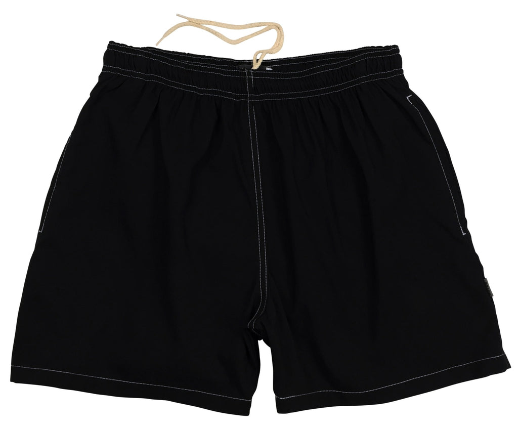 Mens Solid Swim Trunks (with mesh liner) - Black (White Stitch) - Retro Shortie - Board Shorts World Outlet