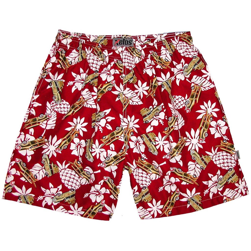 "One for the Road" Woodys (Red) Swim Trunks (with mesh liner / side pockets) - 6.5" Mid Length - Board Shorts World Outlet