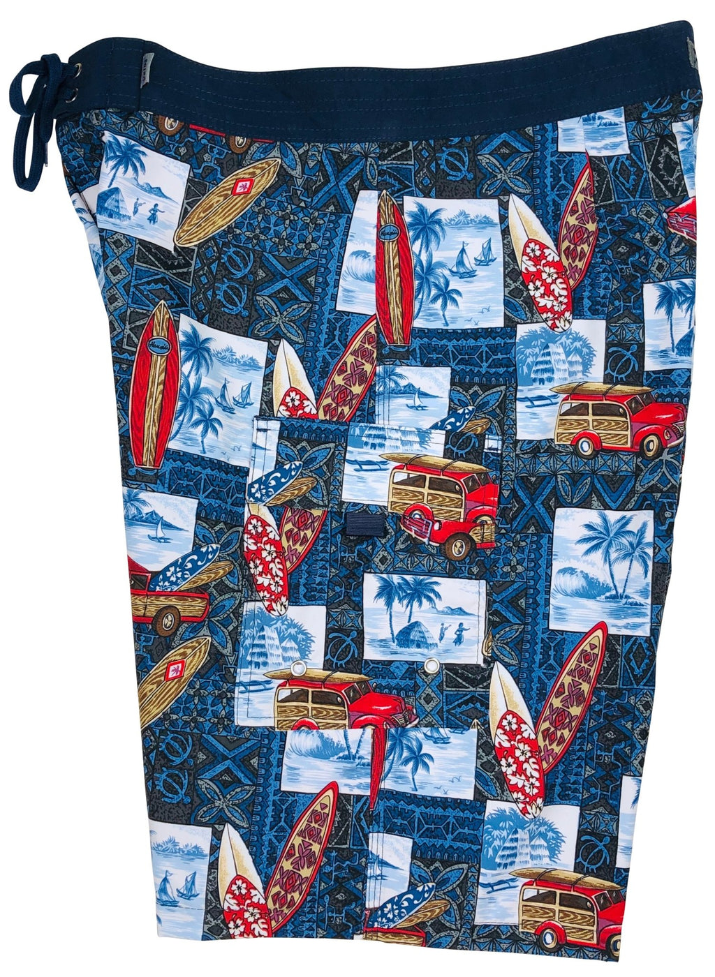 "Postcards" (Blue) Double Cargo Pocket Board Shorts - Board Shorts World Outlet