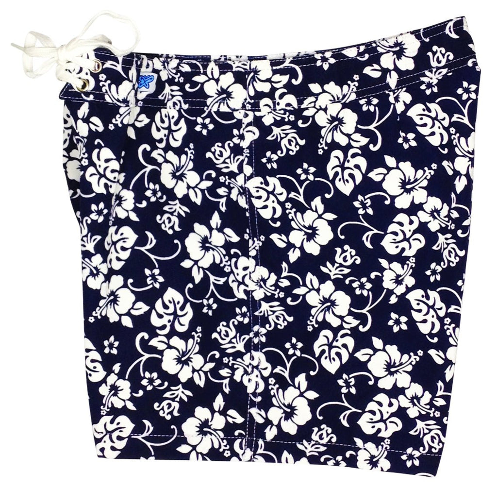 "Pure Hibiscus" 5" Womens Back Pocket Board Shorts (Navy) - Board Shorts World Outlet