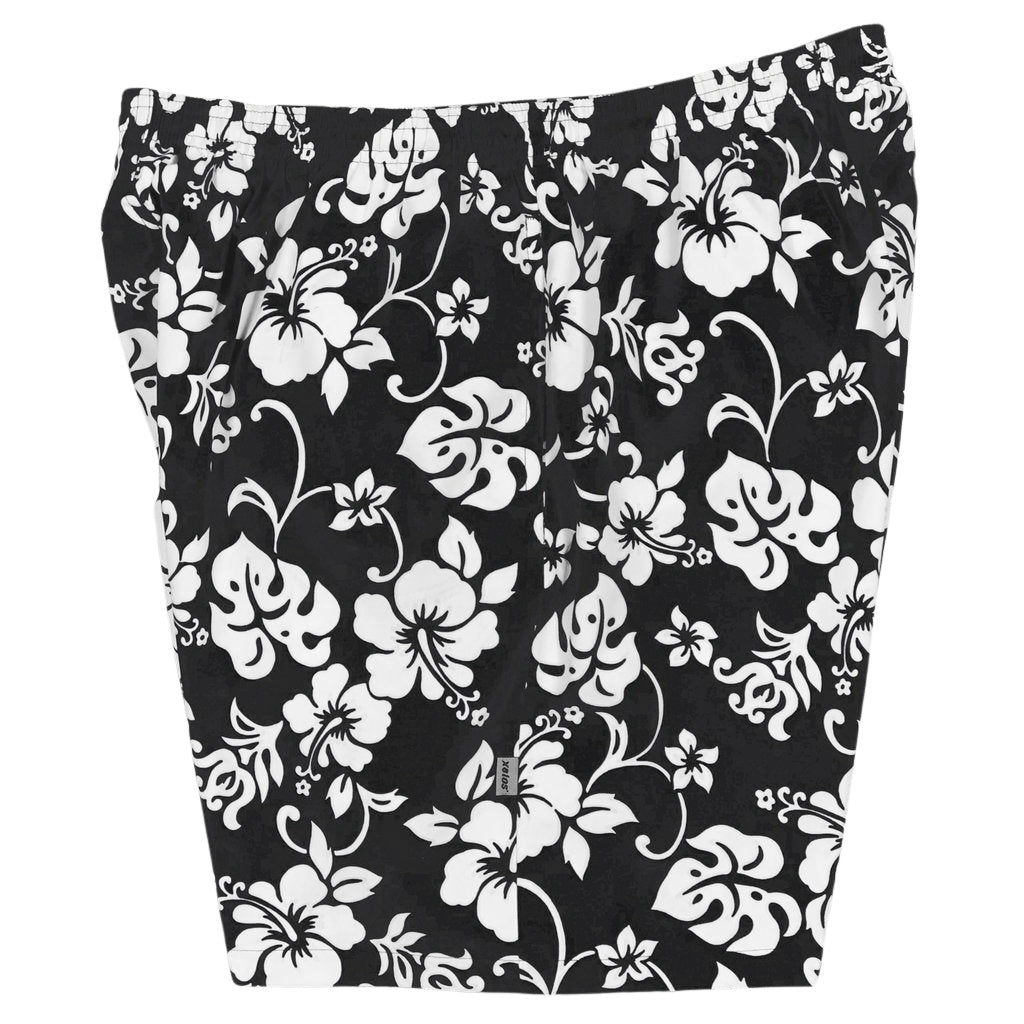 "Pure Hibiscus" (Black) Swim Trunks (with mesh liner / side pockets) - 6.5" Mid Length - Board Shorts World Outlet