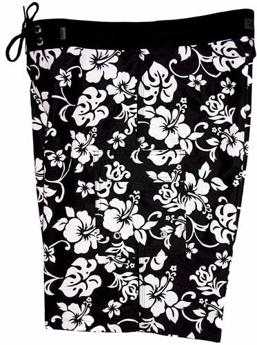 "Pure Hibiscus" (Black/White) Double Cargo Pocket Board Shorts - Board Shorts World Outlet