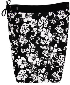 "Pure Hibiscus" (Black+White) Mens Double Cargo Board Shorts - Retro Shortie - 5" - Board Shorts World Outlet