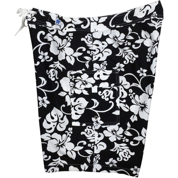 "Pure Hibiscus" (Black/White) Womens Board/Swim Shorts - 10.5" - Board Shorts World Outlet