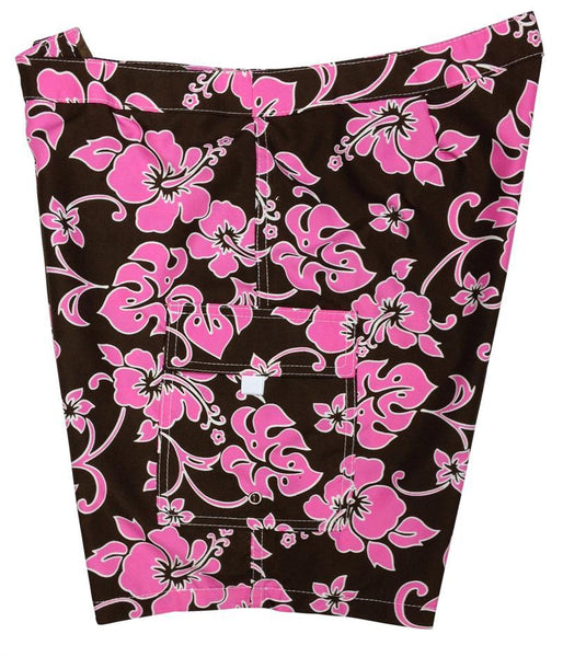 "Pure Hibiscus" (Brown + Pink) Womens Board/Swim Shorts - 11" - Board Shorts World Outlet