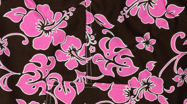 "Pure Hibiscus" (Brown/Pink) Double Cargo Pocket Board Shorts - Board Shorts World Outlet