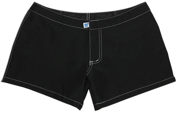 Solid Black (White Stitching) Womens Board/Swim Shorts - 4" - Board Shorts World Outlet