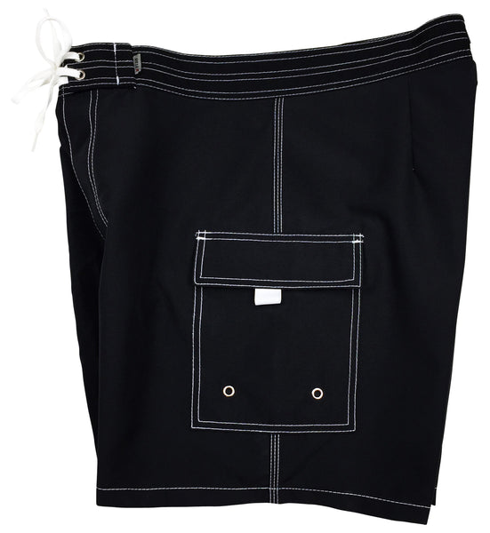 Solid Black (w/white stitching) Mens Double Cargo Board Shorts - Retro Shortie - 5" - Board Shorts World Outlet