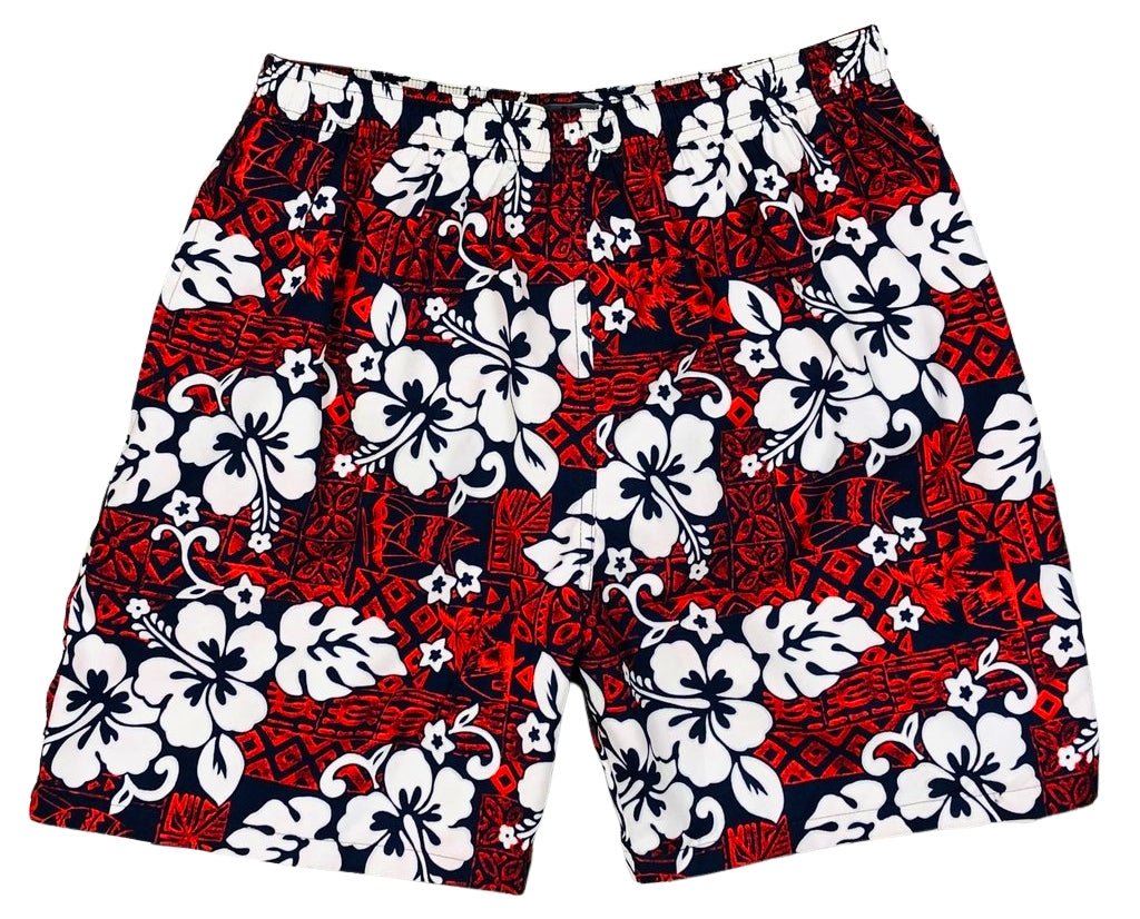 "Tiki Village" (Red) Swim Trunks (with mesh liner / side pockets) - 6.5" Mid Length - Board Shorts World Outlet