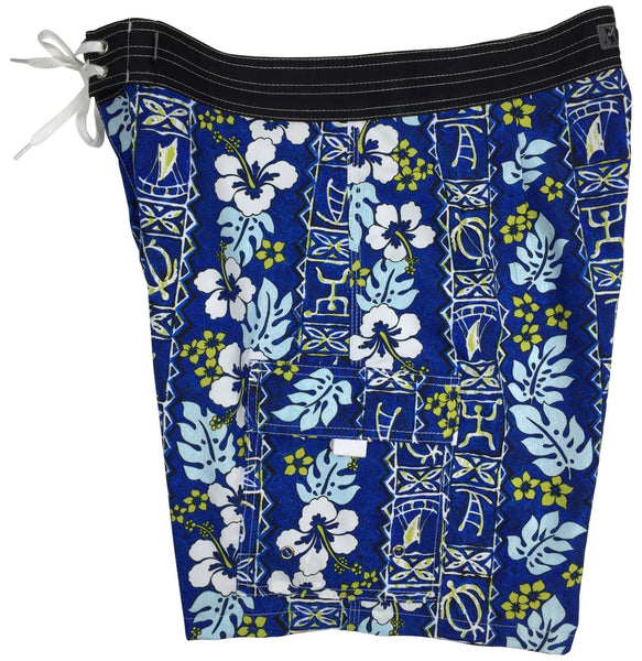 "Tortugas" (Blue) Mens Double Cargo Board Shorts - Retro Shortie - 5" - Board Shorts World Outlet