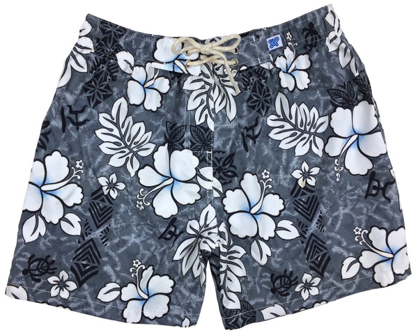 "Tribal Council" (Charcoal) Womens Elastic Waist Swim Board Shorts. REGULAR Rise + 5" Inseam - Board Shorts World Outlet