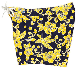 "Warming Trend" 5" Womens Back Pocket Board Shorts (Navy + Yellow) - Board Shorts World Outlet