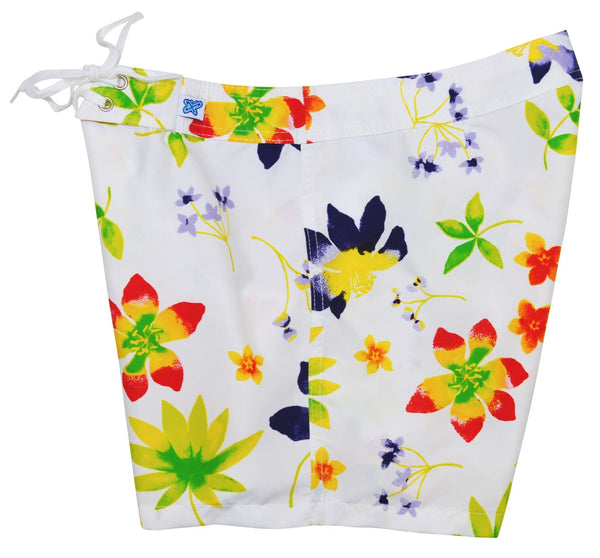 "Watercolors" 5" Womens Back Pocket Board Shorts (White) - Board Shorts World Outlet